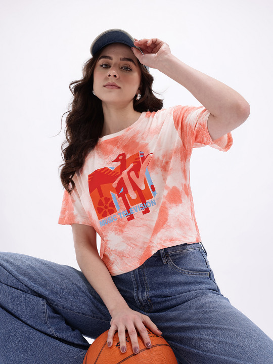 Minute Mirth MTV Printed Pure Cotton T-Shirt For Women (Peach, Pack Of 1)