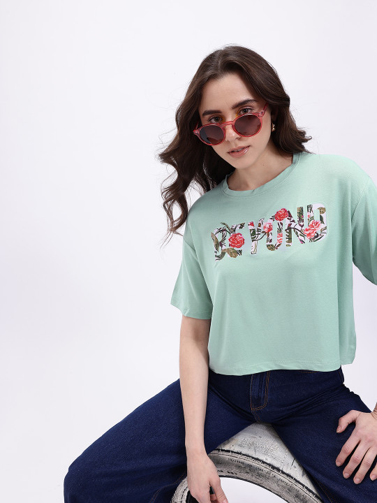 Minute Mirth Women Polyester Typography Printed Crop Boxy T-shirt (Green, Pack Of 1)