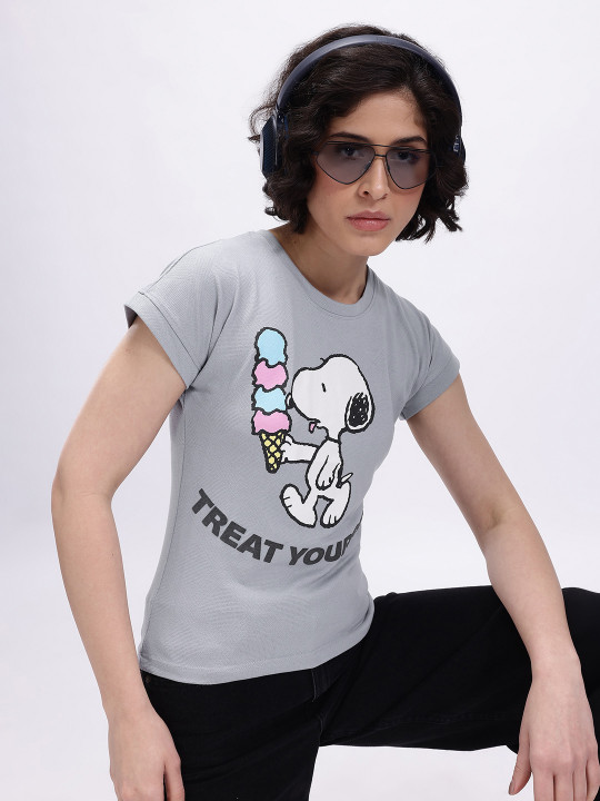 Minute Mirth Women Cotton Polyester Peanuts Printed T-shirt (Grey, Pack Of 1)