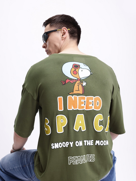Minute Mirth Men’s Polyester Snoopy Printed Oversized T-Shirt (Olive Green, Pack Of 1)