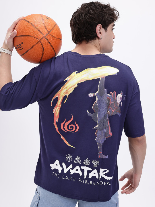 Minute Mirth Men’s Polyester Avatar Printed Oversized V-Neck T-Shirt (Navy Blue, Pack Of 1)