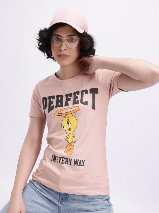 Minute Mirth Women Cotton Looney Tunes Typography Printed T-shirt (Peach, Pack Of 1)