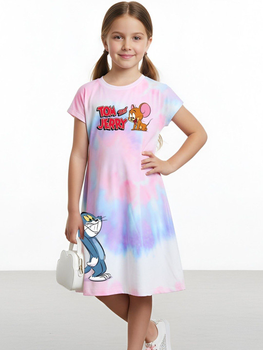 Minute Mirth Girls Tom & Jerry Cotton Fit & Flare Dress (Multicolor, Pack Of 1)