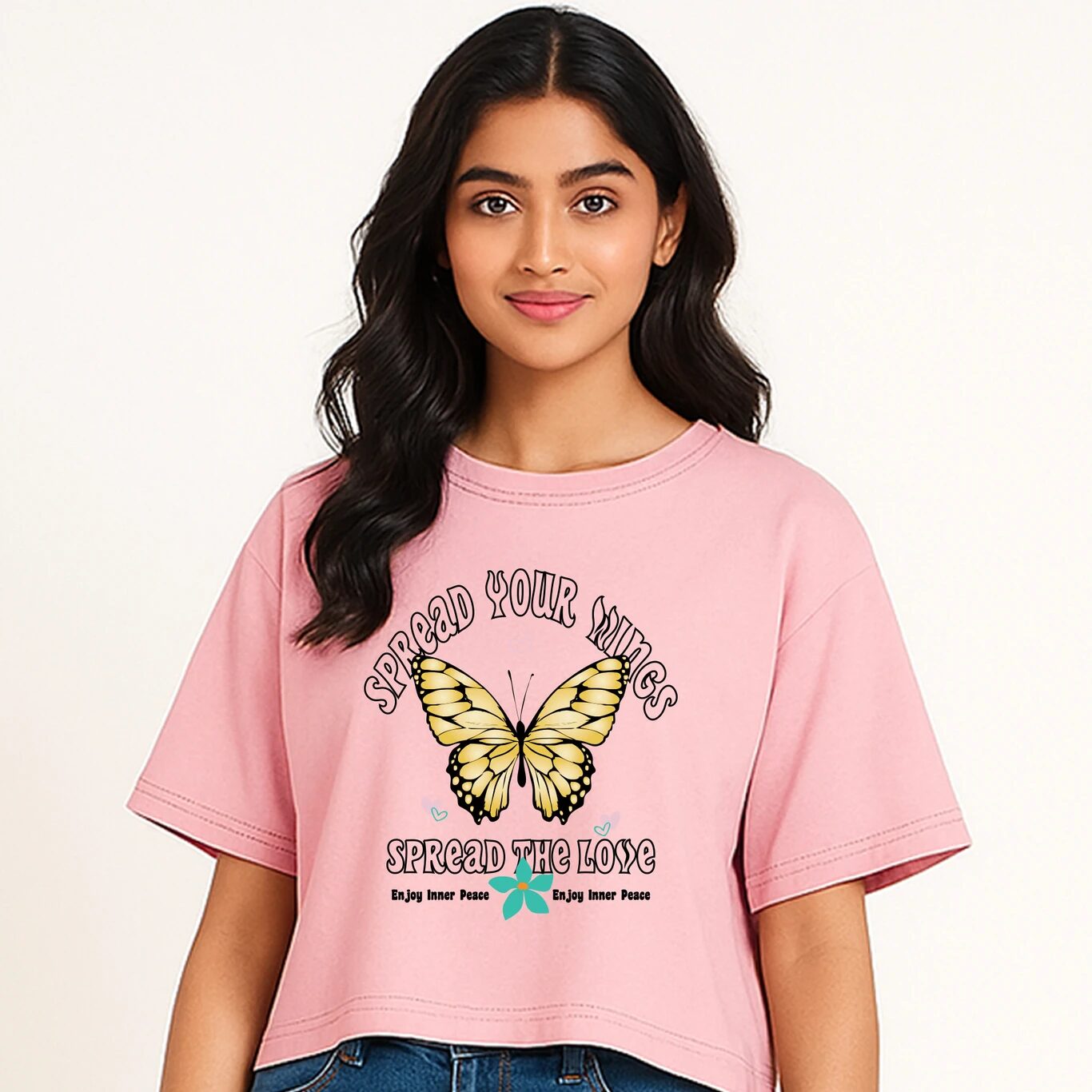 MINUTE MIRTH Women’s “SPREAD YOUR WINGS” Butterfly Graphic Printed Cotton Blend Boxy Fit Round Neck Top (Pink, Pack of 1)