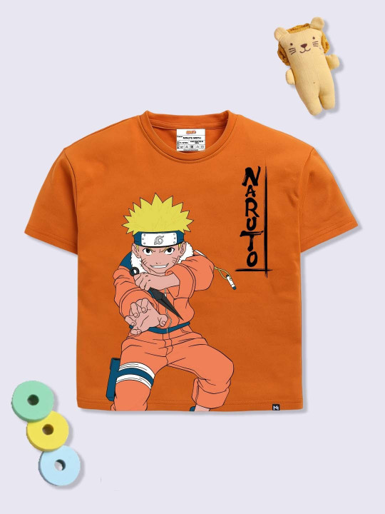 Minute Mirth Boys Naruto Printed Pure Cotton Oversized T-shirt (Orange, Pack Of 1)