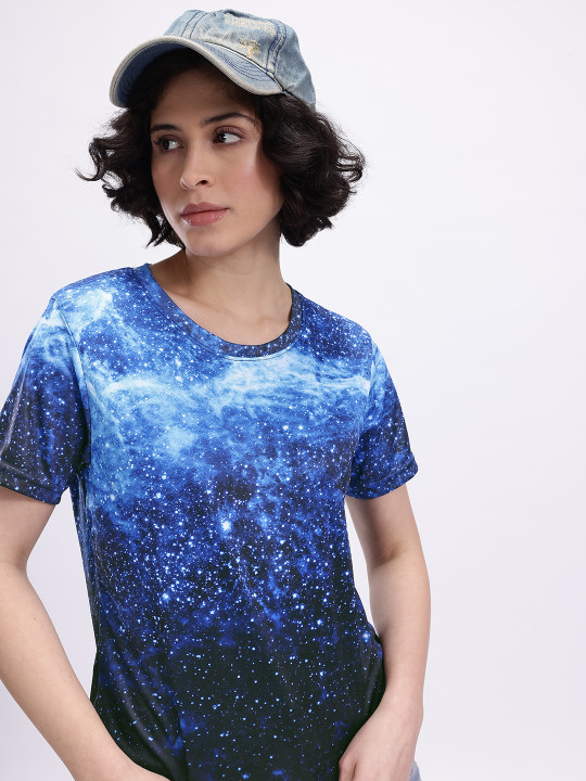 MINUTE MIRTH Women’s Abstract All-Over Printed Polyester Regular Fit T-Shirt (Black and Blue, Pack of 1)