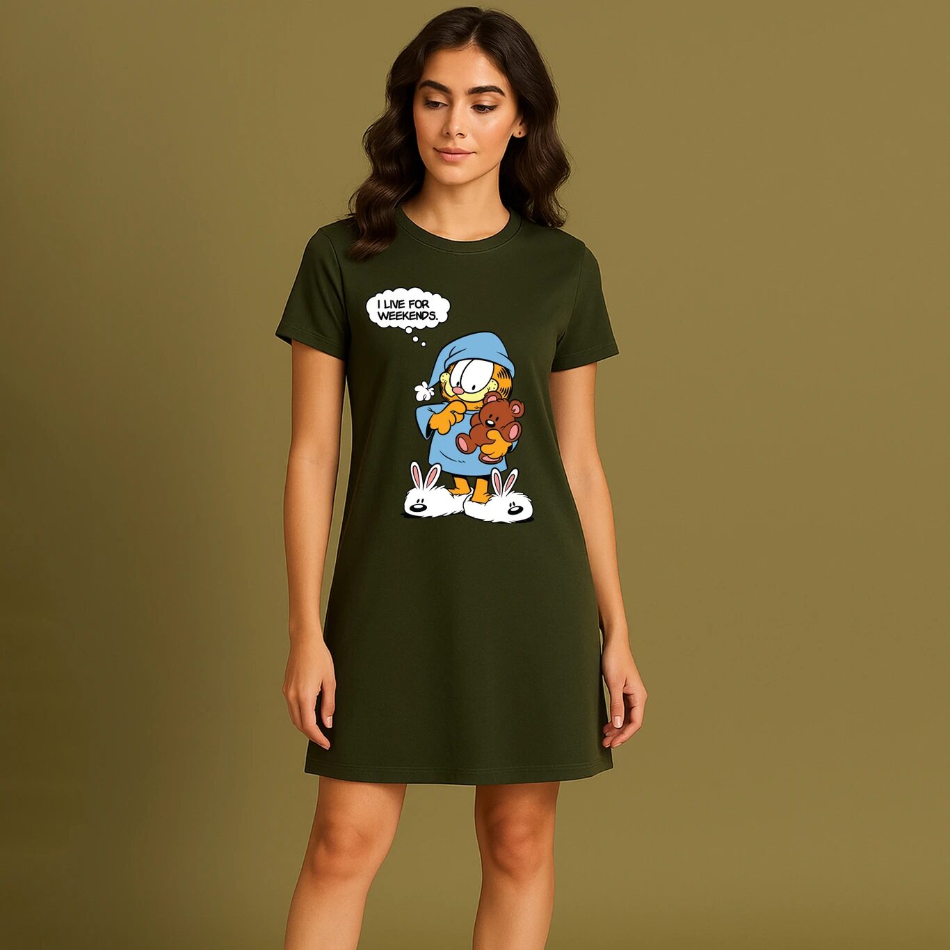 Minute Mirth Garfield Printed A-Line Dress For Women (Olive Green, Pack Of 1)