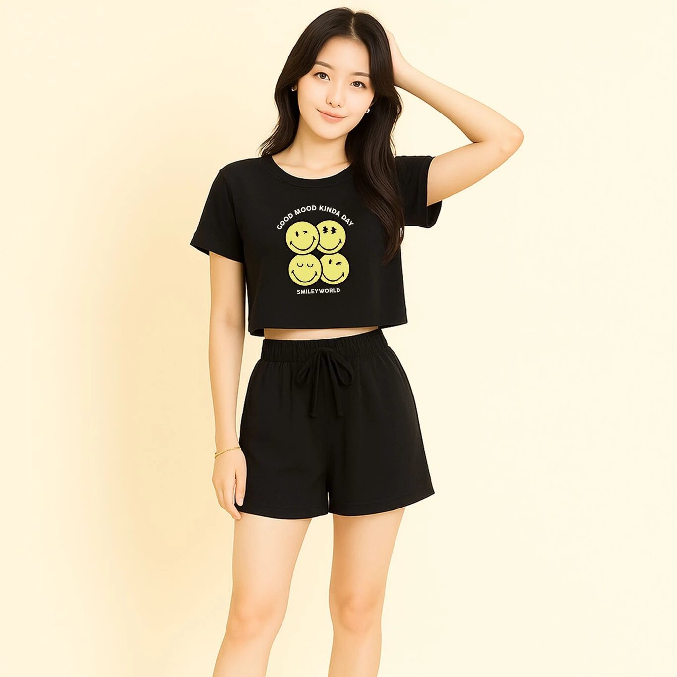 Minute Mirth Smiley World Printed Co-Ord Set For Women (Black, Pack Of 1)