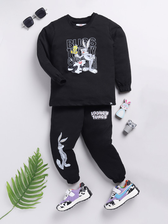 Minute Mirth Boys Bugs Bunny Printed Pure Cotton T-shirt & Joggers Set (Black, Pack Of 1)