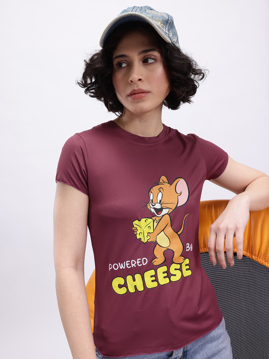 Minute Mirth Women Tom & Jerry Printed T-shirt (Maroon, Pack of 1)