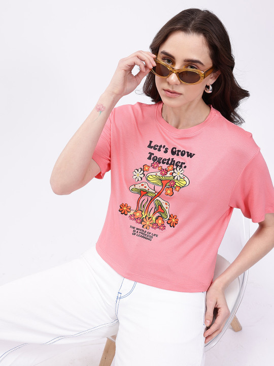 Minute Mirth Women Polyester Graphic Printed Crop Boxy T-shirt (Peach, Pack Of 1)