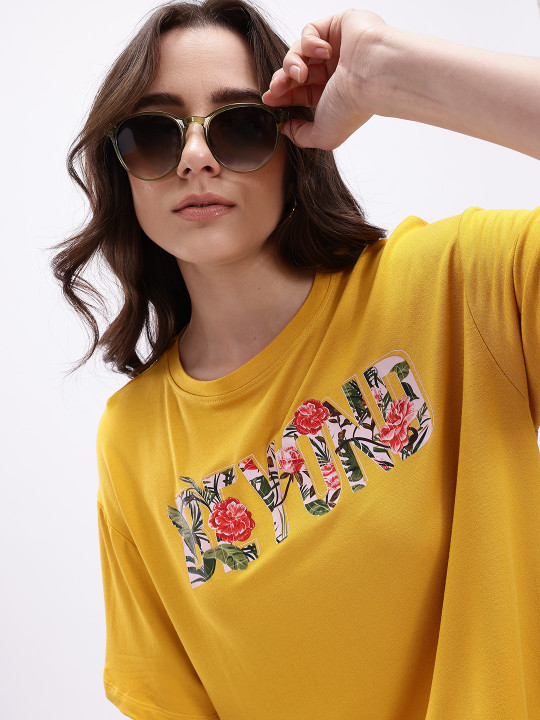 Minute Mirth Women Polyester Typography Printed Crop Boxy T-shirt (Yellow, Pack Of 1)