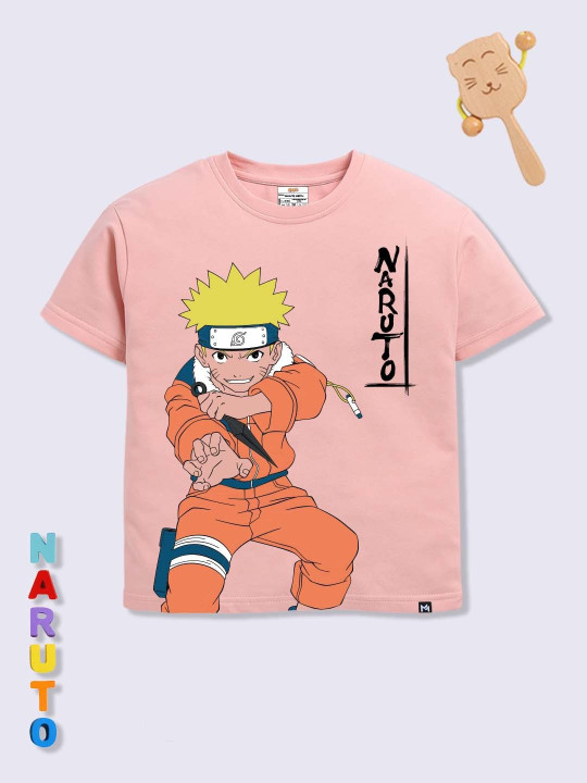Minute Mirth Boys Naruto Printed Pure Cotton Oversized T-shirt (Peach, Pack Of 1)