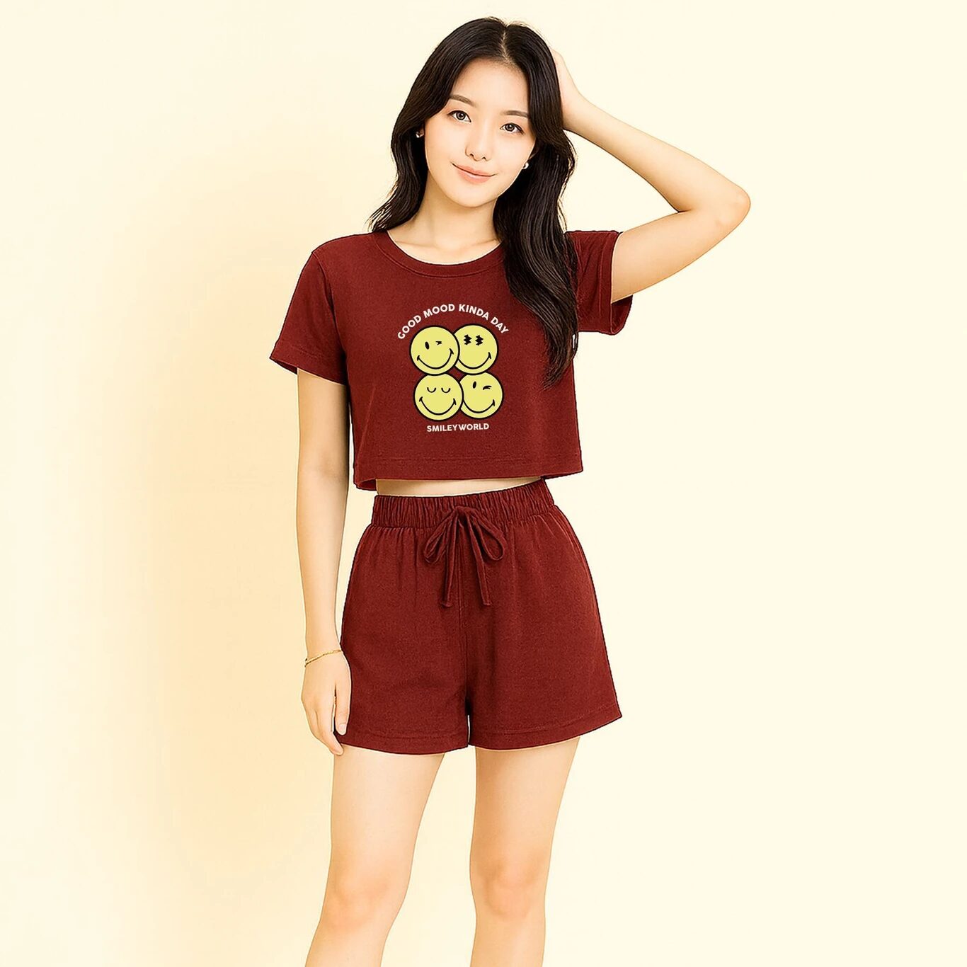 Minute Mirth Smiley World Printed Co-Ord Set For Women (Maroon, Pack Of 1)