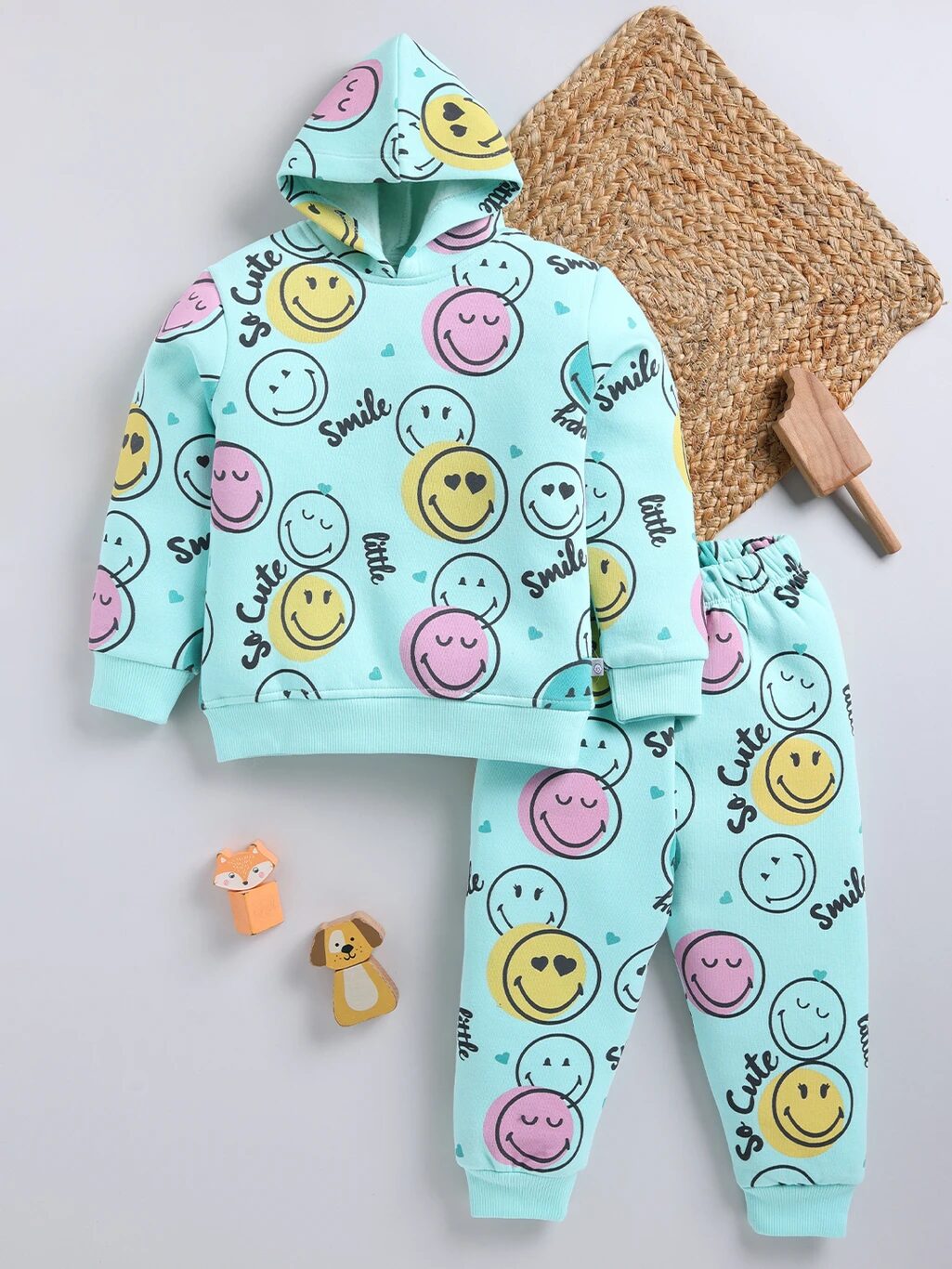 Tinyo Girls Smiley All-Over Print Fleece Hoodie and Sweatpant Set (Yellow, Pack of 1)