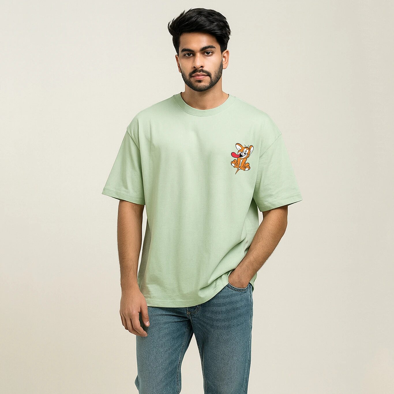 Minute Mirth Men Tom & Jerry Graphic Print Cotton Blend T-Shirt (Pista, Pack Of 1)