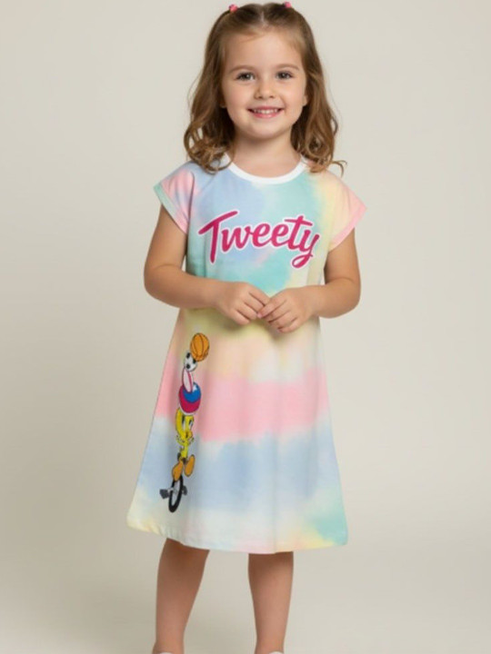 Minute Mirth Girls Looney Tunes Cotton Fit & Flare Dress (Multicolor, Pack Of 1)