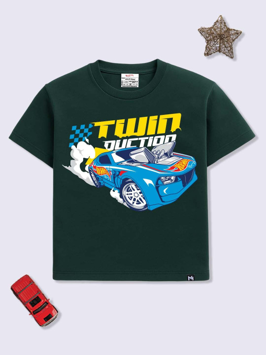 Minute Mirth Boys Hot Wheels Printed Pure Cotton Oversized T-shirt (Green, Pack Of 1)