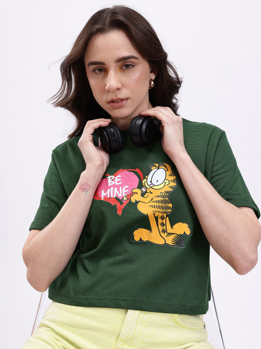 MINUTE MIRTH Women’s Garfield Printed Cotton Blend Boxy Fit T-Shirt (Green, Pack of 1)