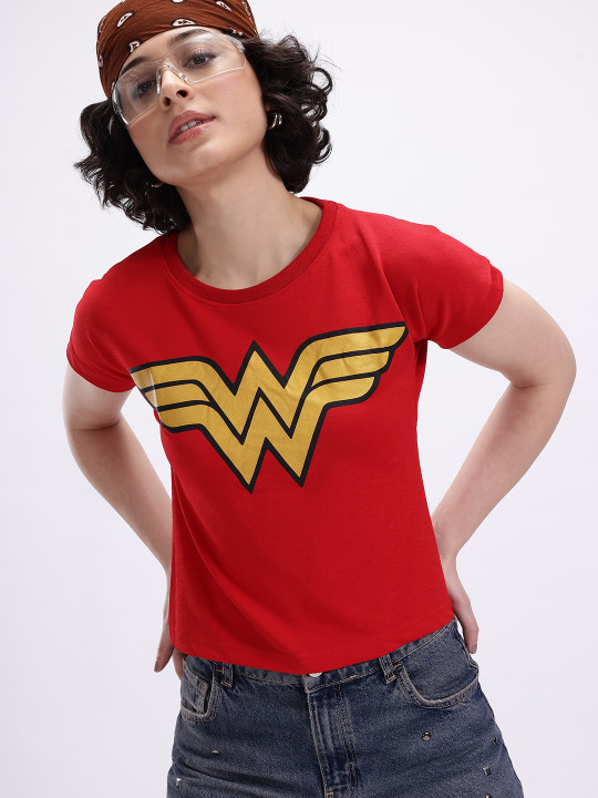 Minute Mirth Wonder Woman Printed Cotton Blend T-Shirt For Women (Red, Pack Of 1)