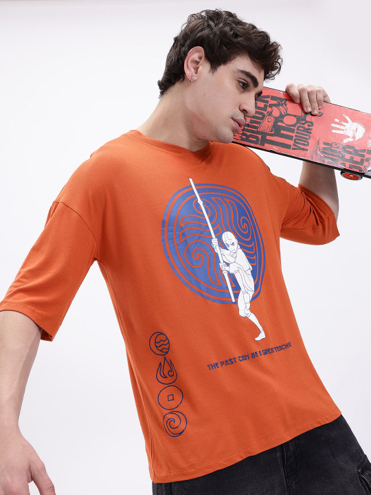 Minute Mirth Men’s Polyester Avatar Printed Oversized V-Neck T-Shirt (Rust Orange, Pack Of 1)