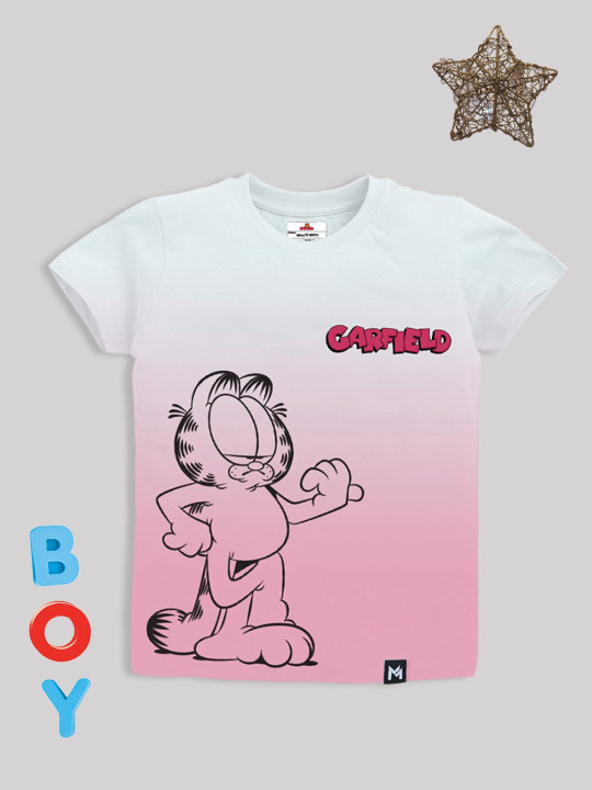 Minute Mirth Boys Garfield Pure Cotton Ombre Effect Printed T-Shirt (White, Pack Of 1)