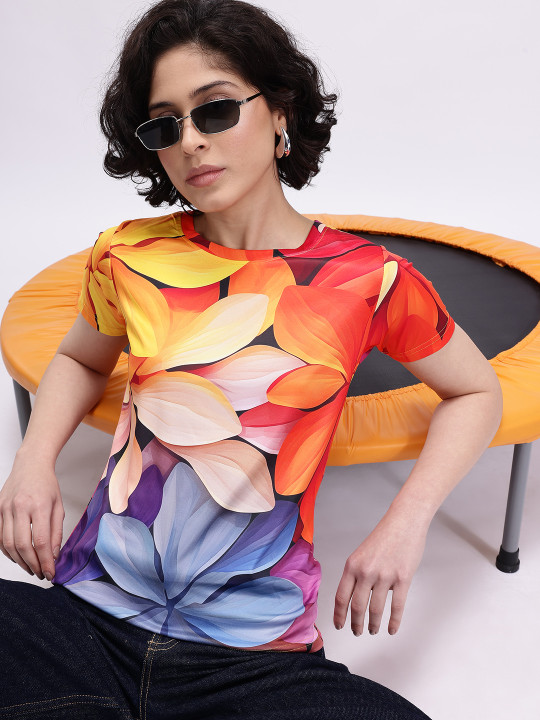 MINUTE MIRTH Women’s Floral All-Over Printed Polyester Regular Fit T-Shirt (Multicoloured, Pack of 1)