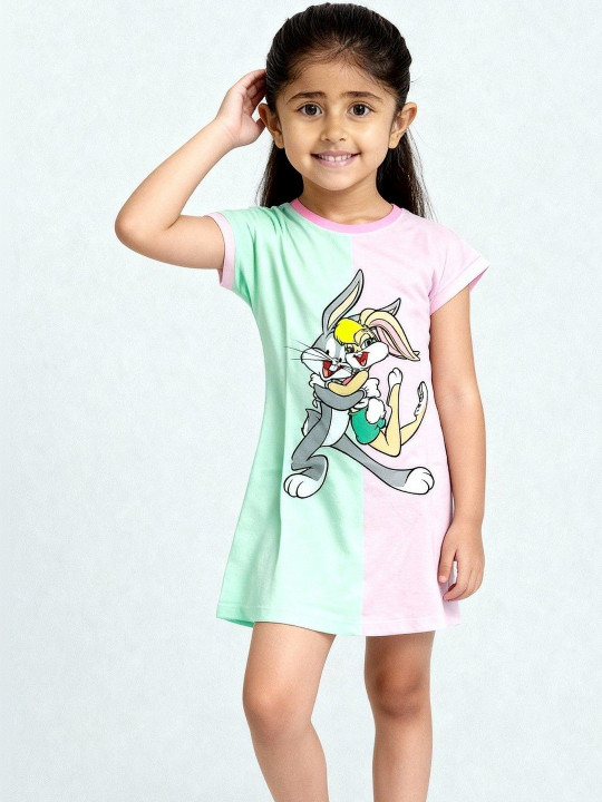 Minute Mirth Girls Looney Tunes Cotton Fit & Flare Dress (Multicolor, Pack Of 1)