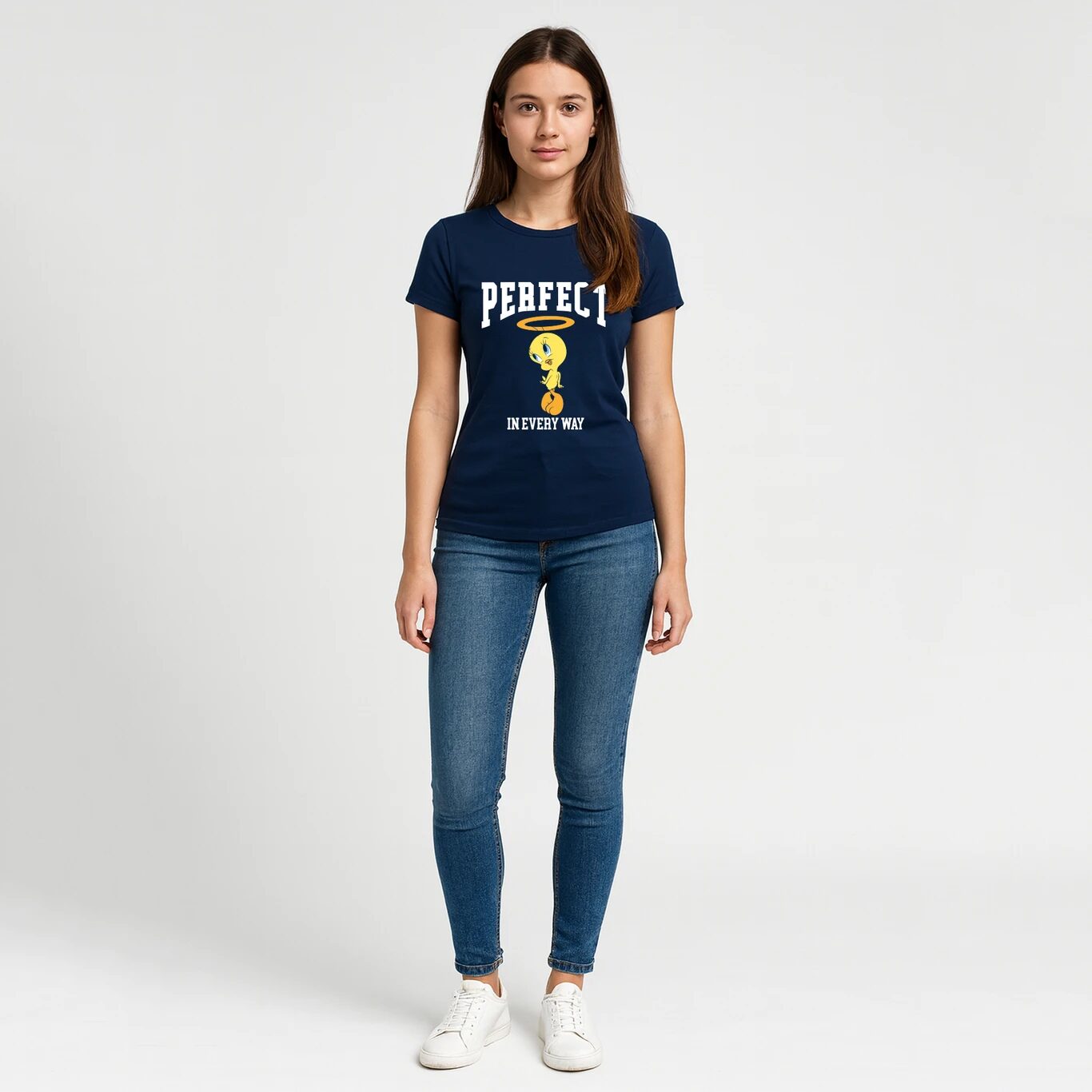 MINUTE MIRTH Women’s “Perfect In Every Way” Looney Tunes Printed Pure Cotton Regular Fit T-Shirt (Navy blue, Pack of 1)