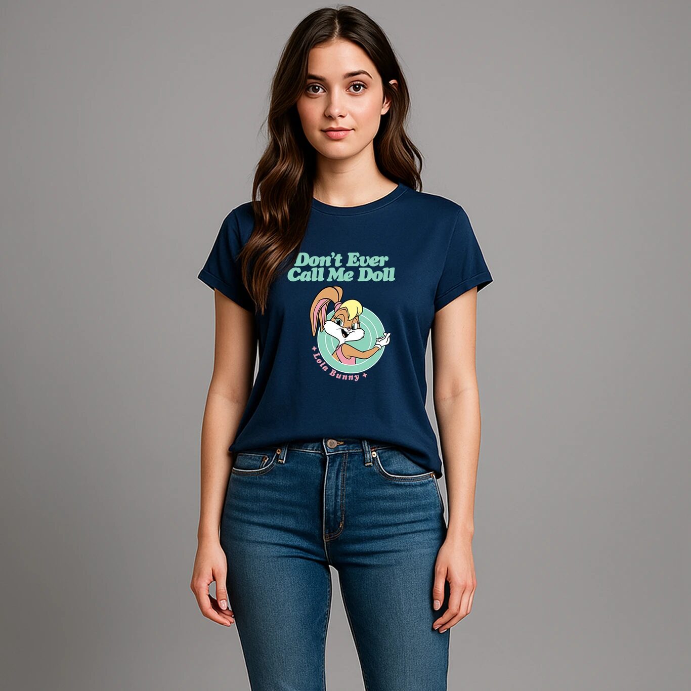 MINUTE MIRTH Women’s “Don’t Ever Call Me Doll” Looney Tunes Printed Pure Cotton Regular Fit T-Shirt (Navy Blue, Pack of 1)