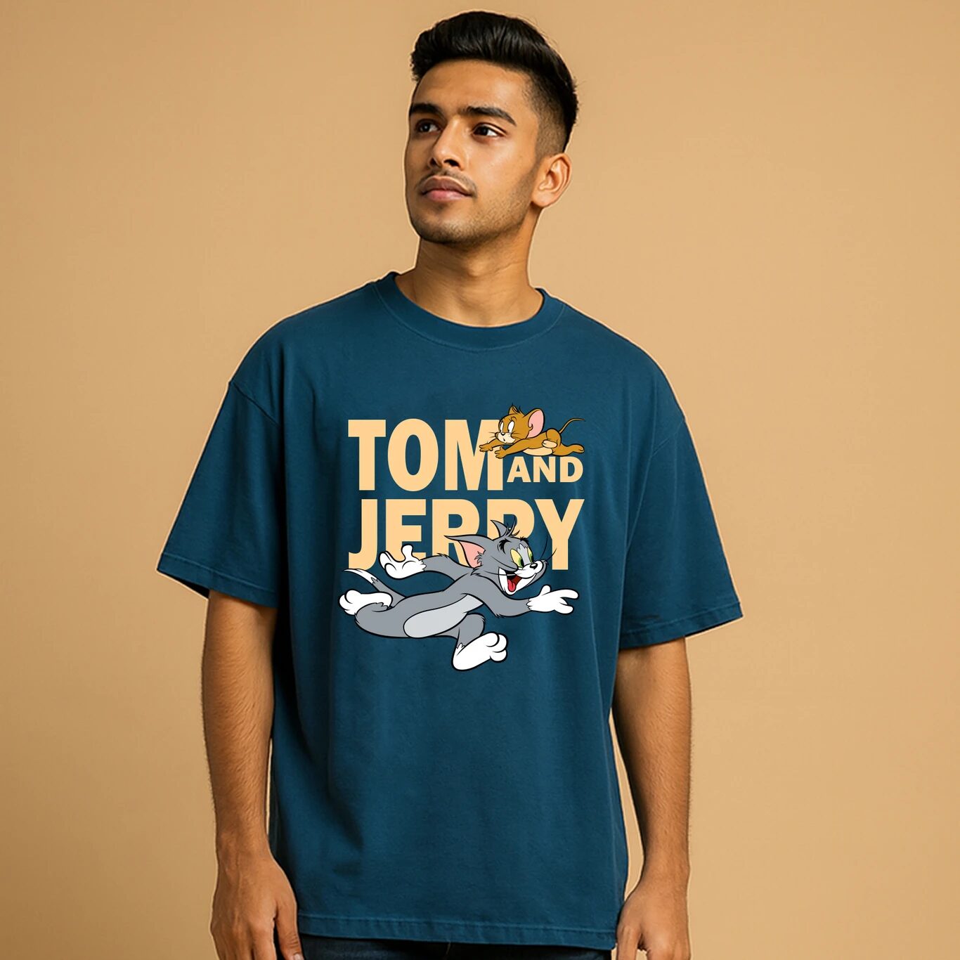 MINUTE MIRTH Men’s Tom and Jerry Printed Cotton Regular Fit Round Neck T-Shirt (Navy, Pack of 1)