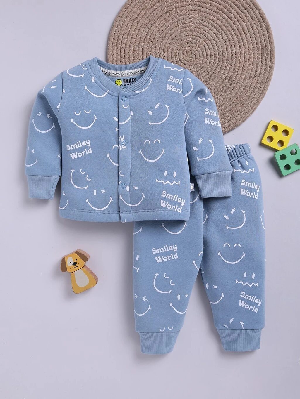 Tinyo Infant Boys Smiley World All-Over Print Fleece Sweatshirt and Sweatpant Set (Blue, Pack of 1)