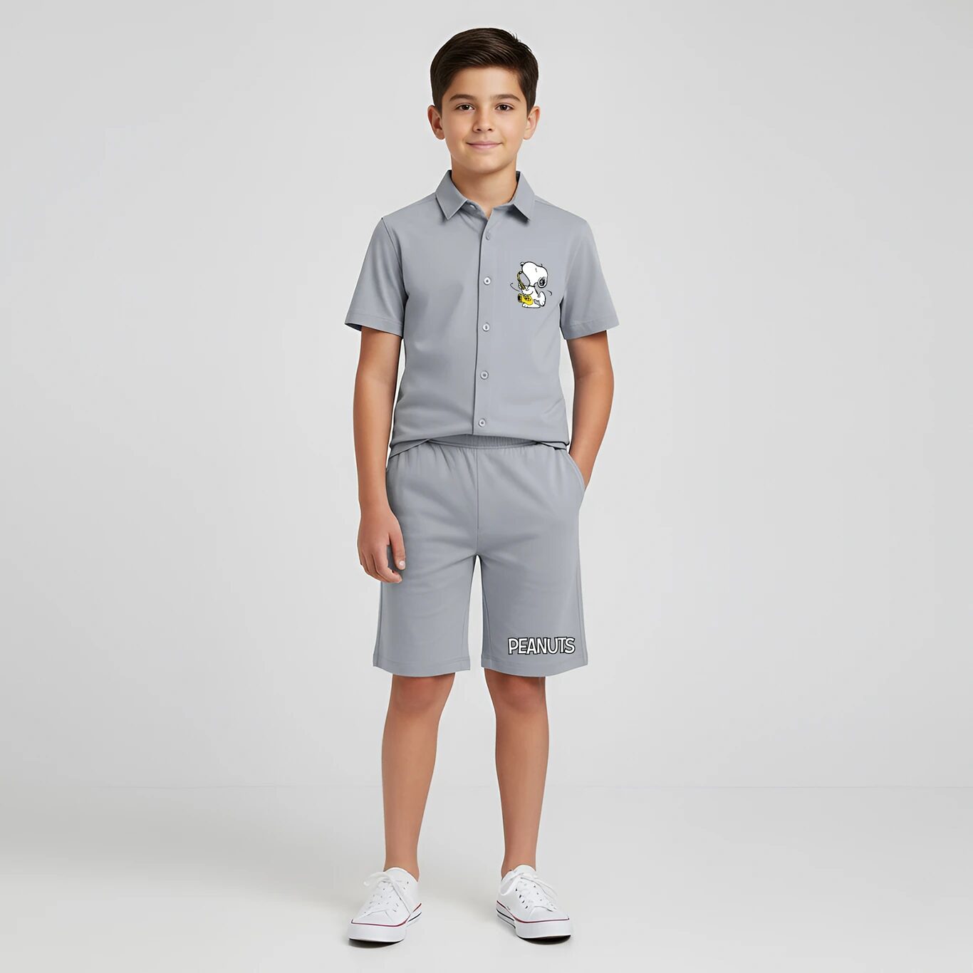 Minute Mirth Boys Peanuts Jacquard Coord Set (Grey, Pack Of 1)