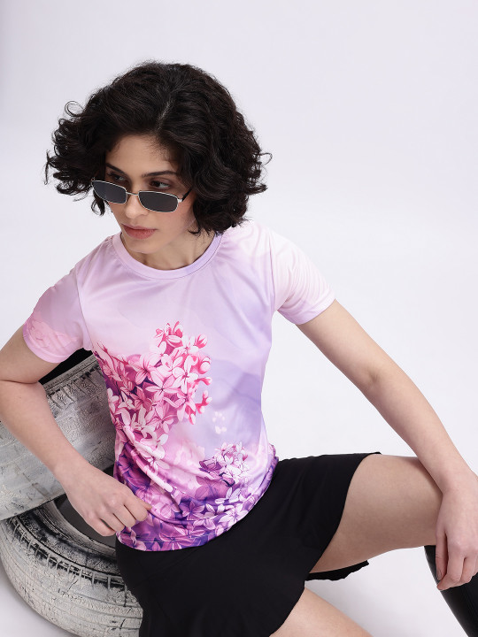 MINUTE MIRTH Women’s Floral All-Over Printed Polyester Regular Fit T-Shirt (Pink and Purple, Pack of 1)