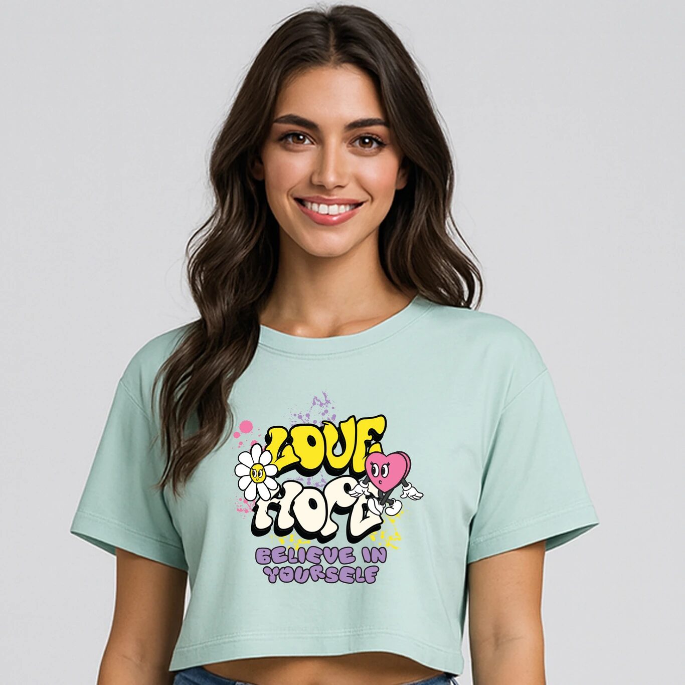 MINUTE MIRTH Women’s “LOVE HOPE BELIEVE in your self” Typography Printed Cotton Blend Boxy Fit Round Neck Top (Green, Pack of 1)