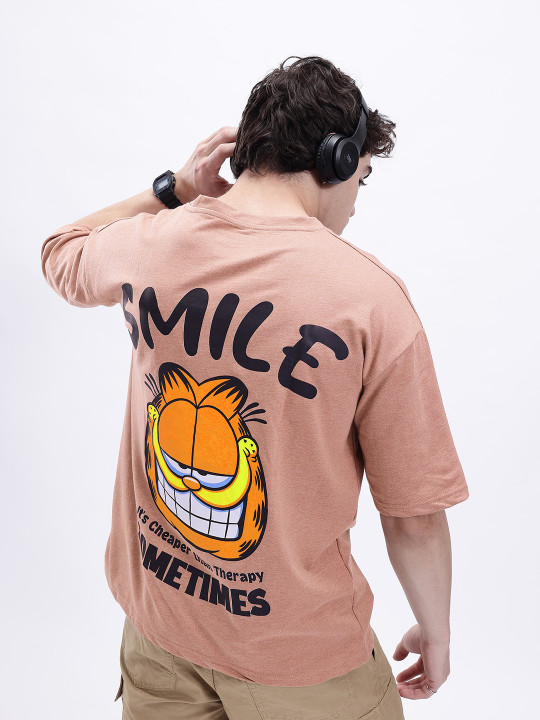 Minute Mirth Men Garfield Printed Drop-Shoulder Sleeves T-shirt (Brown, Pack of 1)