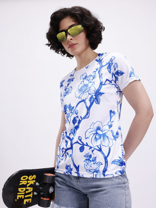 MINUTE MIRTH Women’s Floral All-Over Printed Polyester Regular Fit T-Shirt (White and Blue, Pack of 1)