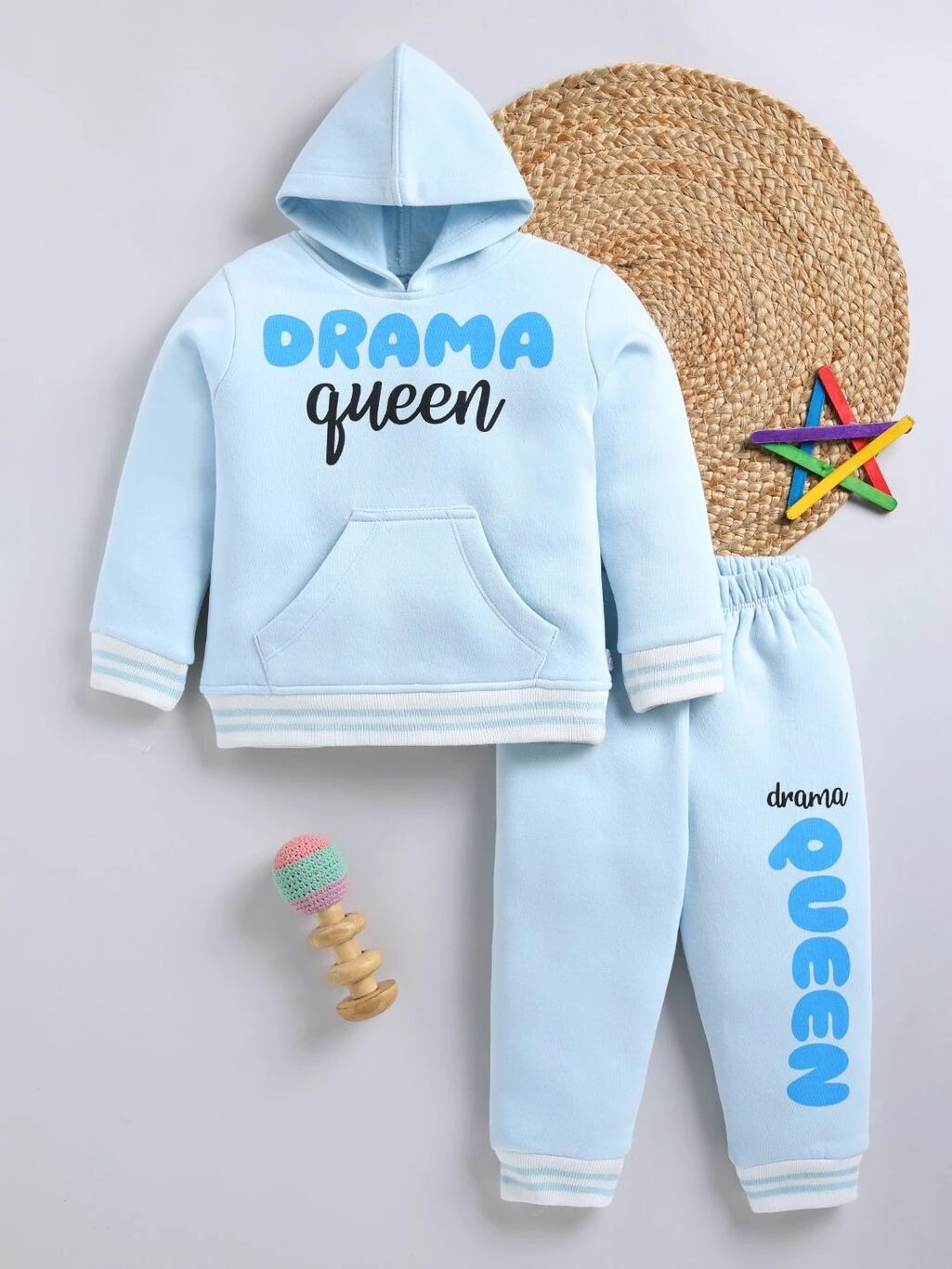 Tinyo Girls “Drama Queen” Graphic Print Fleece Hoodie and Sweatpant Set (Blue, Pack of 1)