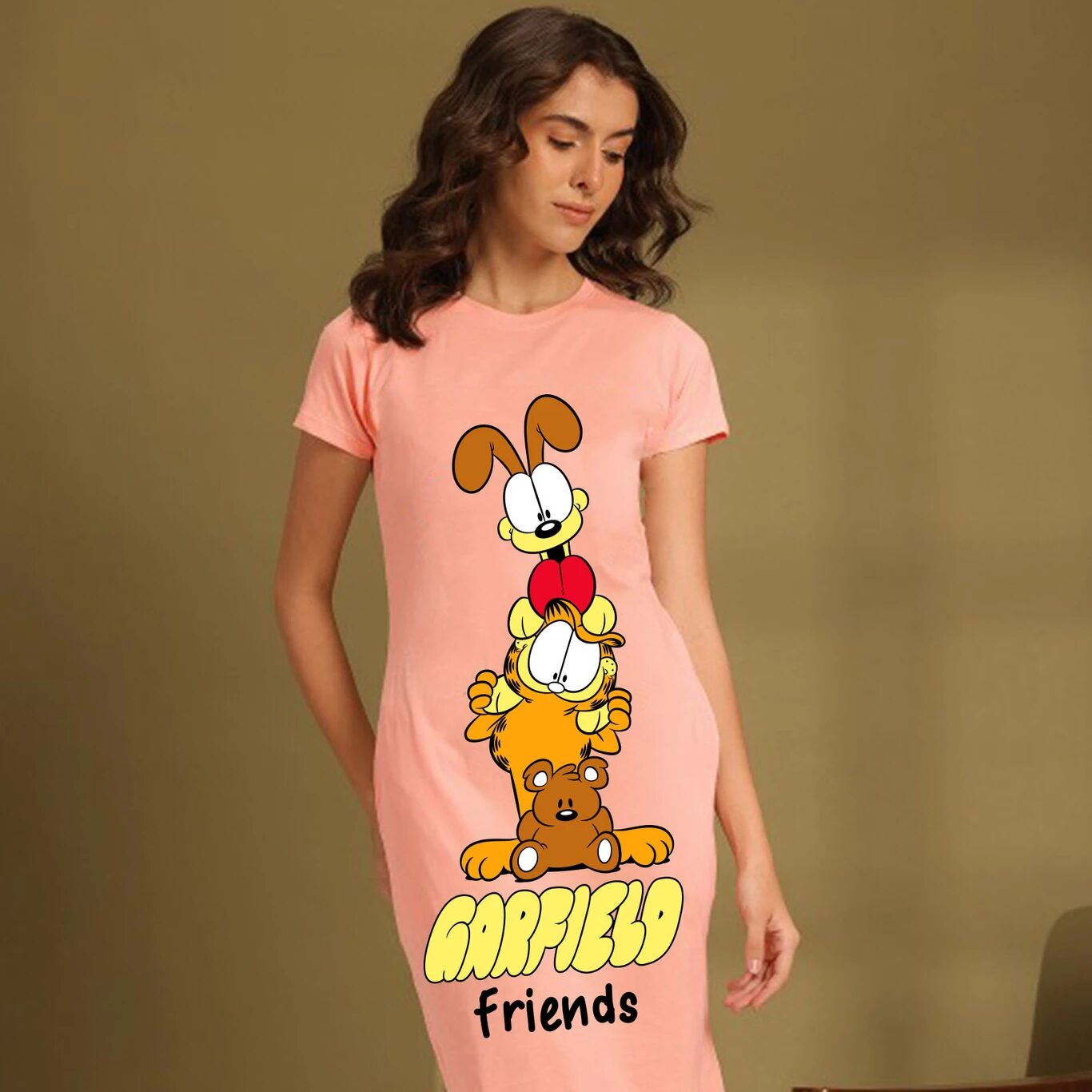 MINUTE MIRTH Women’s Garfield Printed Pure Cotton A-Line Dress (Peach, Pack of 1)