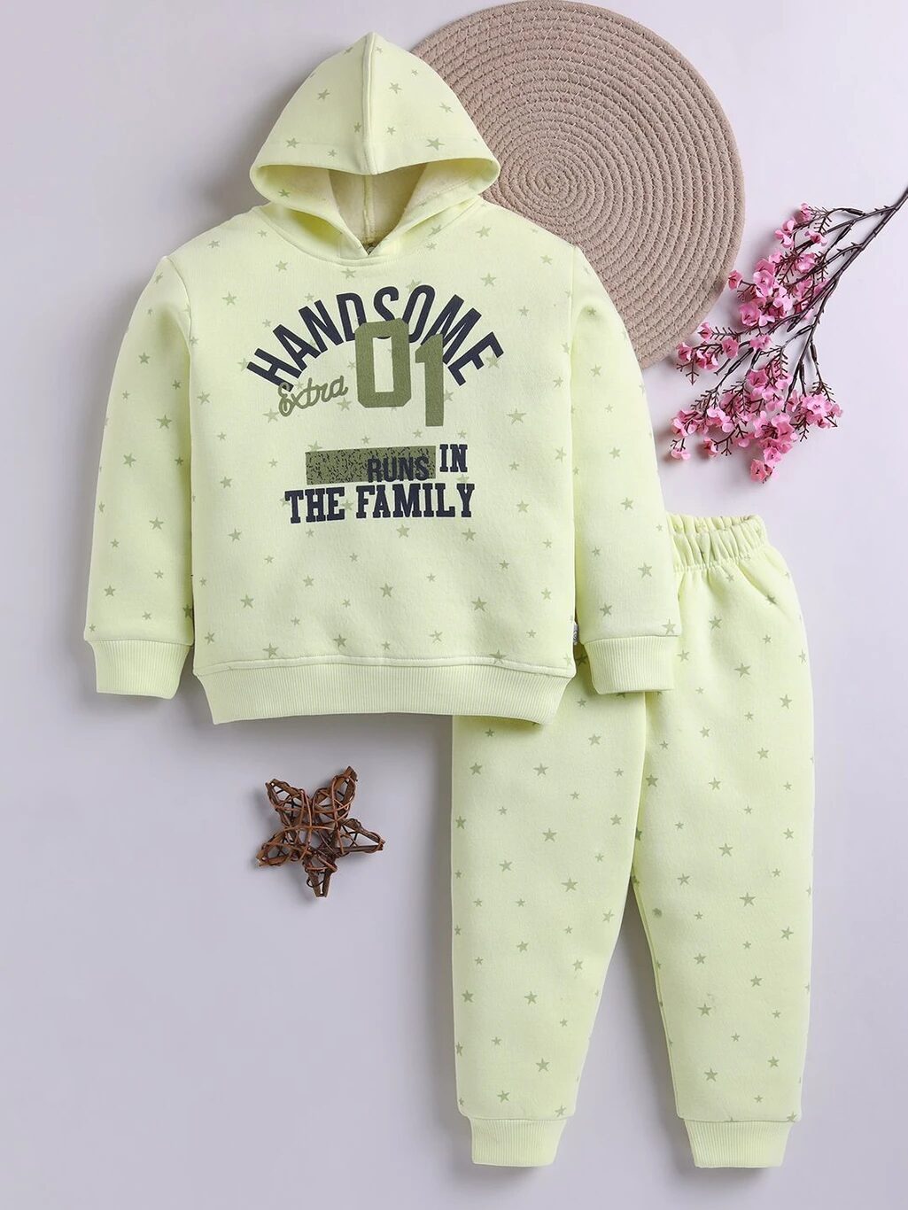 Tinyo Boys Handsome Star Print Fleece Hoodie and Sweatpant Set (Yellow, Pack of 1)