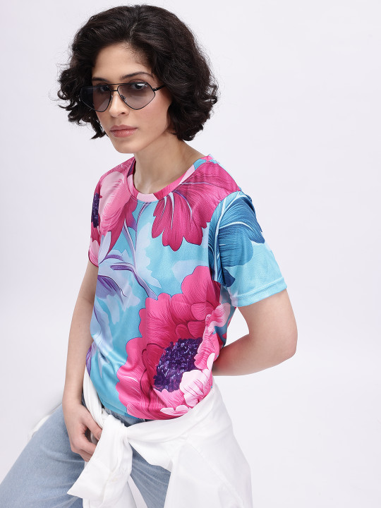 MINUTE MIRTH Women’s Floral All-Over Printed Polyester Regular Fit T-Shirt (Pink and Blue, Pack of 1)