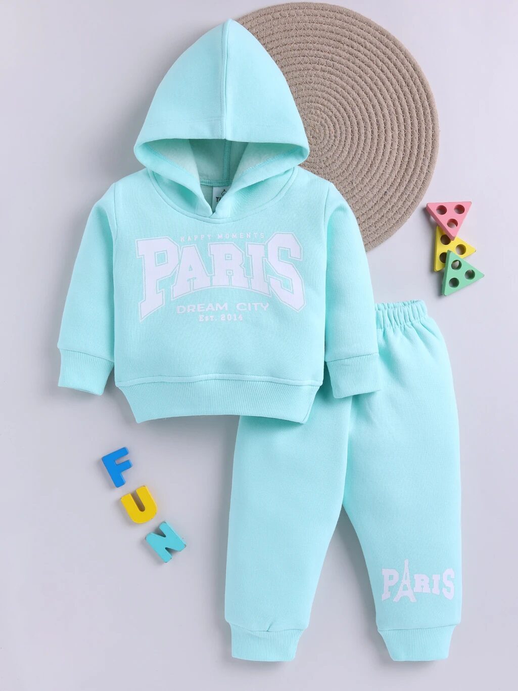 Tinyo Infant Girls “Paris Dream City” Graphic Print Fleece Hoodie and Sweatpant Set (Green, Pack of 1)