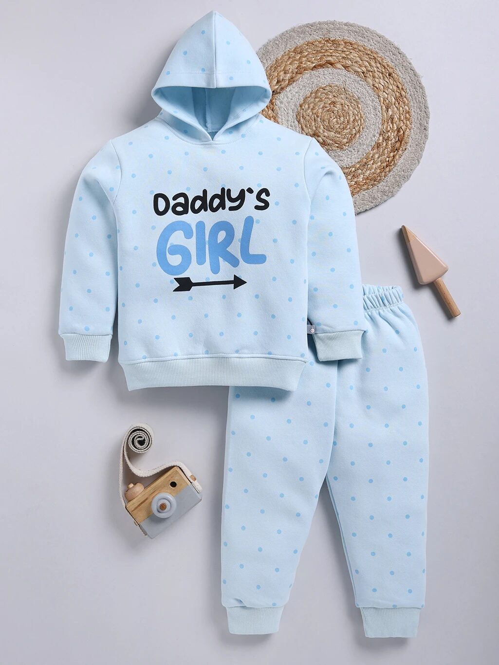 Tinyo Girls Daddy’s Girl Polka Dot Fleece Hoodie and Sweatpant Set (Blue, Pack of 1)