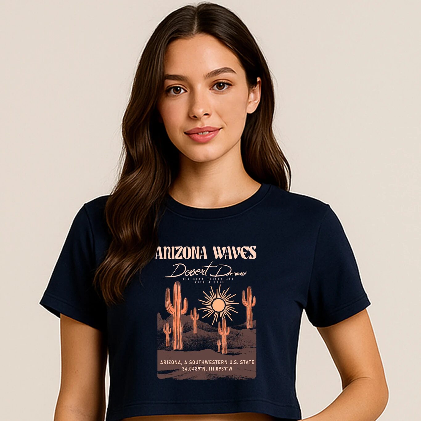 MINUTE MIRTH Women’s “Arizona Waves” Typography Printed Cotton Blend Boxy Fit Round Neck Top (Dark Blue, Pack of 1)