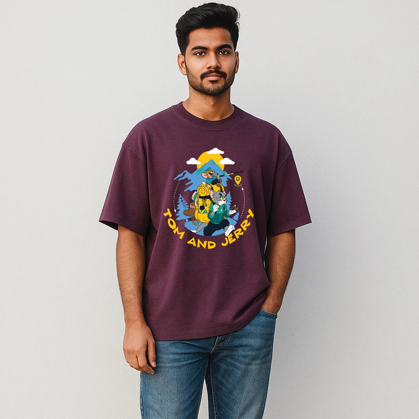Minute Mirth Tom & Jerry Printed Pure Cotton T-Shirt For Men (Wine, Pack Of 1)