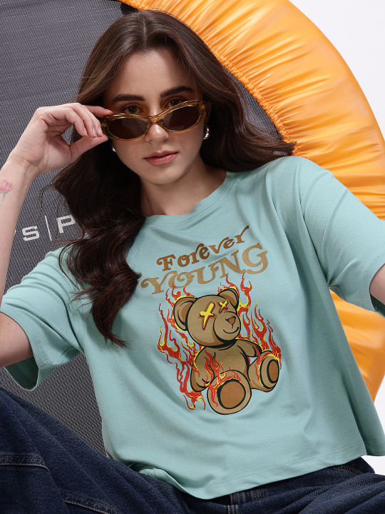 Minute Mirth Women Polyester Graphic Printed Crop Boxy T-shirt (Green, Pack Of 1)