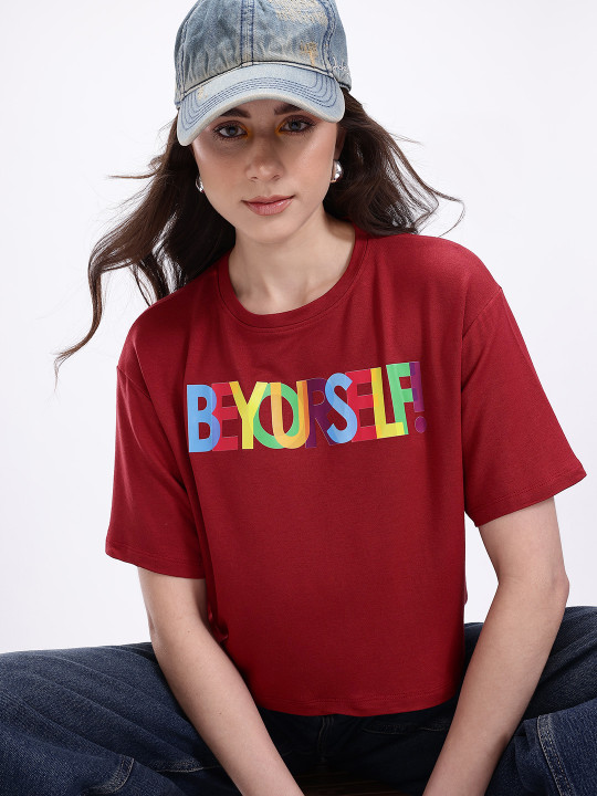 Minute Mirth Women Polyester Typography Printed Crop Boxy T-shirt (Maroon, Pack Of 1)