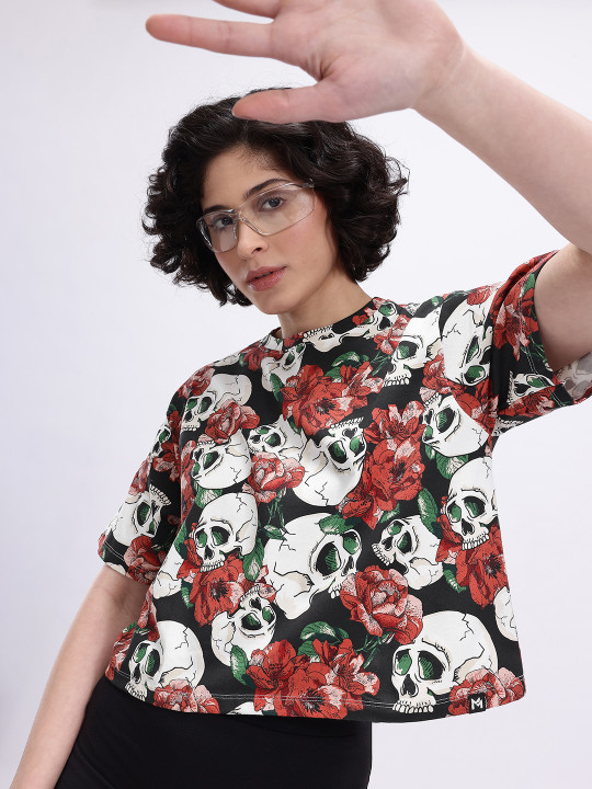 MINUTE MIRTH Women’s Cranium Graphic & Floral Bloom Printed Cotton Regular Fit Round Neck T-Shirt (Black, Pack of 1)
