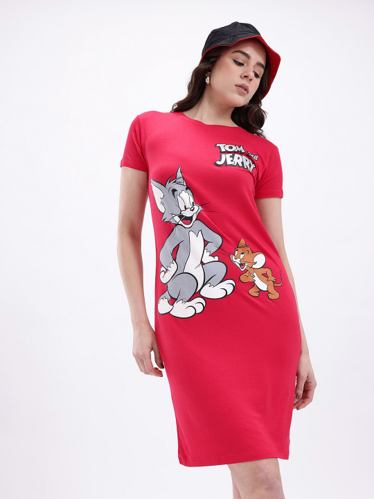 Minute Mirth Tom & Jerry Printed A-Line Dress For Women (Pink, Pack Of 1)