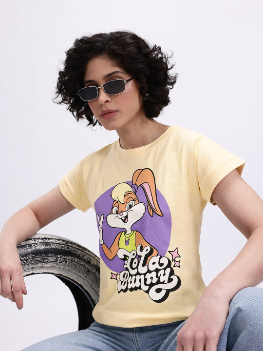 Minute Mirth Looney Tunes Printed Cotton Blend T-Shirt For Women (Lemon, Pack Of 1)